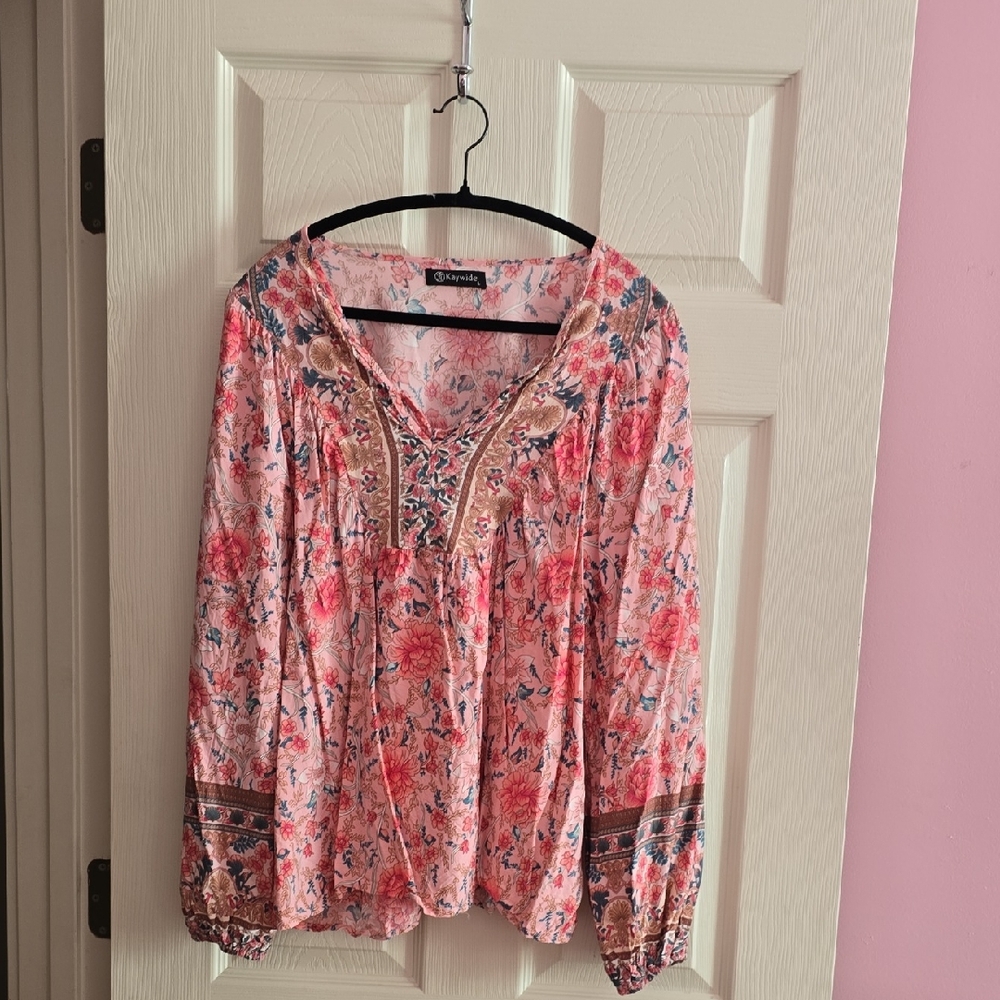 Charming Floral Blouse with Embellished Neckline